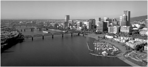 The Portland, Oregon, skyline from above the Willamette River
