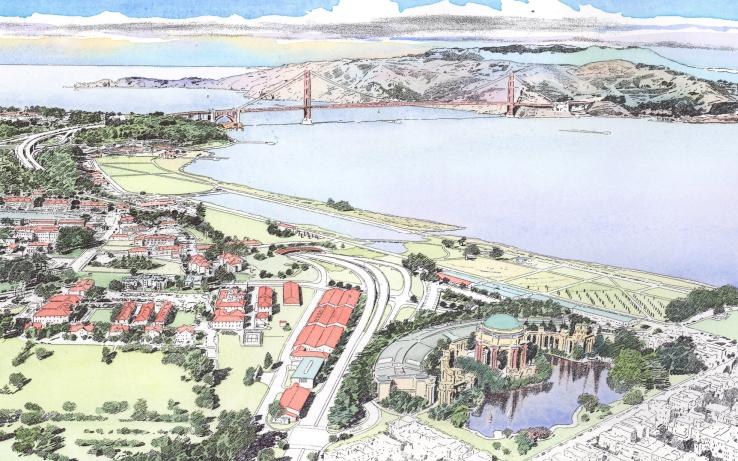A hand-drawn overhead rendering of Tunnel Tops Park. Includes blue, cloudy skies, greenery surrounding the park and streets, the Golden Gate Bridge, and the Bay.
