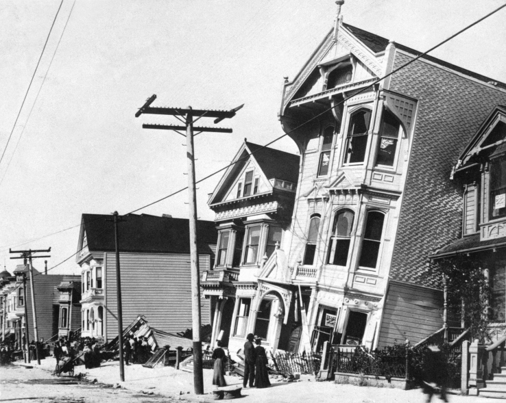 Liquefaction caused some homes to sink in the 1906 San Francisco earthquake.