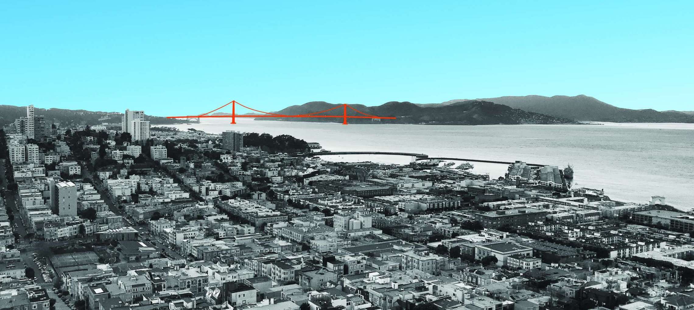 San Francisco’s street grid points to the surrounding hills and water.