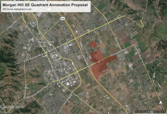 Satellite image highlighting Morgan Hill's Southeast Quadrant annexation proposal