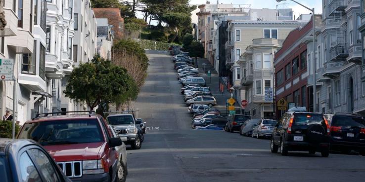 Cars parked along a hilly street in San Francisco