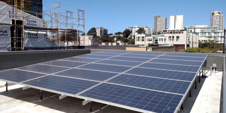 Solar panels on a rooftop in the Bay Area.