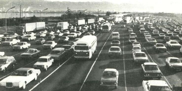 Historical photo of a bus lane heading to the Bay Bridge