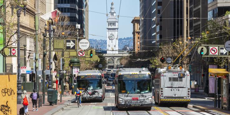 Market Street in San Francisco busy with buses and bikers