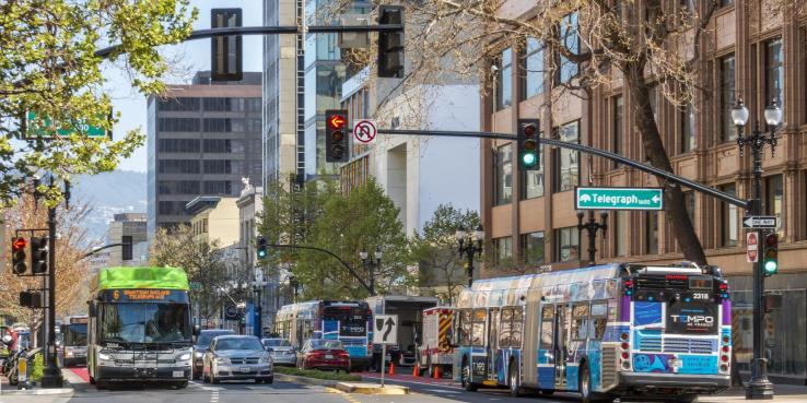 Broadway and Telegraph in Oakland, public transit buses running