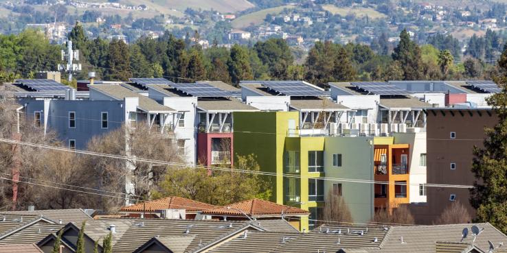 Solar panels on colorful apartment units in Berryessa, San Jose