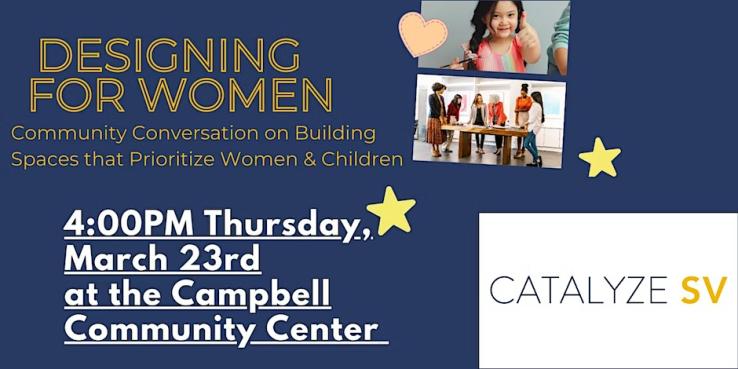 Designing for Women Flyer - images of women and children on a navy blue background with text.
