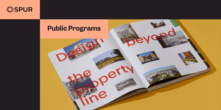 Spread showing pages from the book '9 Ways to Make Housing for People'; the words 'Design beyond the property line' are shown on the pages, alongside images of urban scenes.