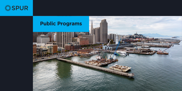 Aerial view of San Francisco's Embarcadero, Ferry Building, and skyline.