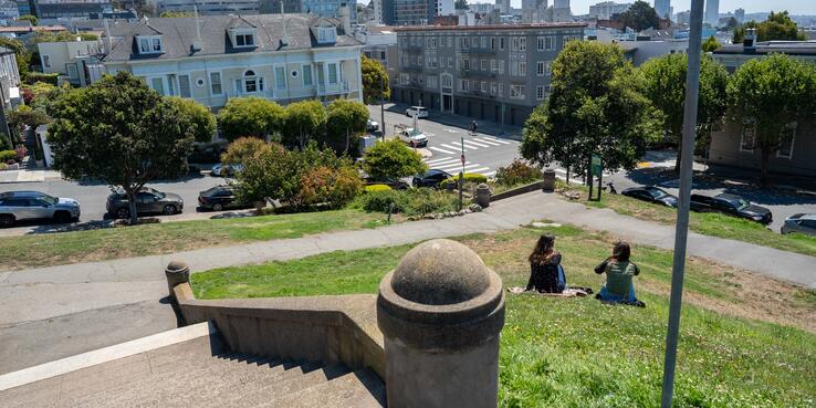 Image of stairs at a park overlooking apartments, San Francisco