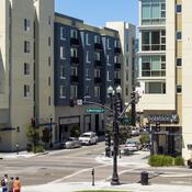 Modern apartment buildings near a transit station