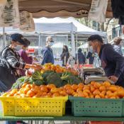 Patrons purchase vegetables at a vegetable stand
