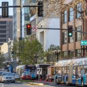 Broadway and Telegraph in Oakland, public transit buses running