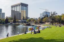 People around the Lake Merritt lawn in Oakland