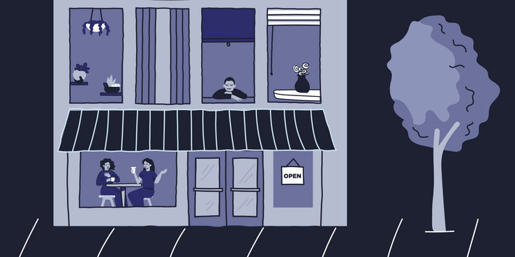 illustration of a mixed use building with a cafe on the ground floor and apartments above