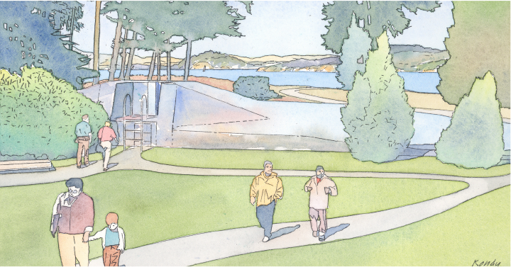 Hand-drawn, watercolor rendering of proposed Battery Bluff park. Includes people of various ages walking on park paths amongst greenery.