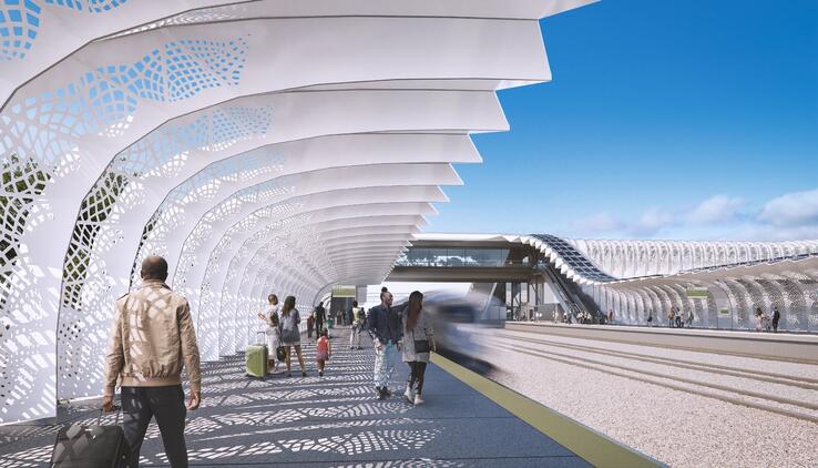 Concept design of a canopy at a high-speed rail station. Canopy resembles white lace, which allows light to pass through. A few pedestrians are pictures walking under the canopy on a sunny day