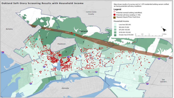 map of oakland soft story buildings and household income, 2014