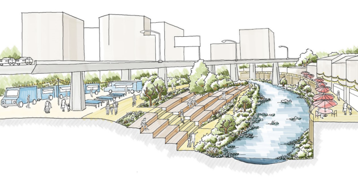 Underused space beneath overpasses in Guadalupe River Park and Gardens could support community uses such as an open-air market. Illustration by Sherwood Design Engineers.