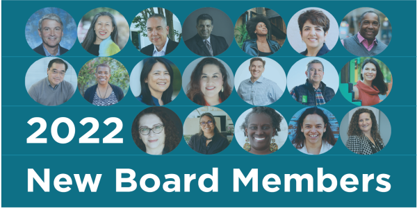 Circular framed photos of 19 new board members on blue background. In white, bold text, "2022 New Board Members"