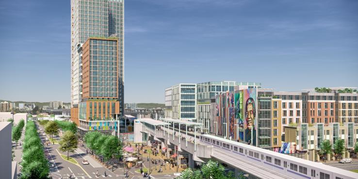 rendering of a transit station with plazas, murals, several 8-story buildings and one 20-story building