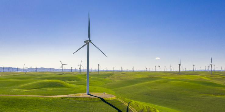 Windmills on green, grassy hills. Blue, clear skies.