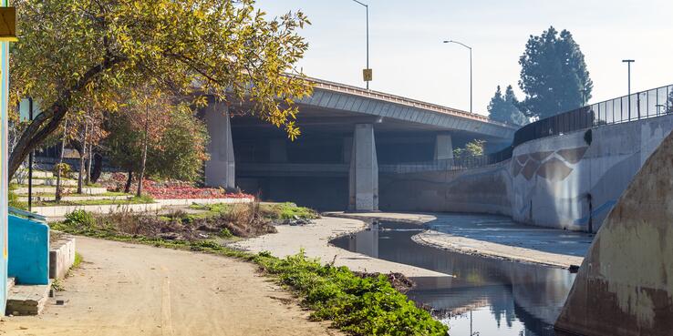 Photo of Guadalupe River flowing under a highway viaduct, with trees and greenery on its banks