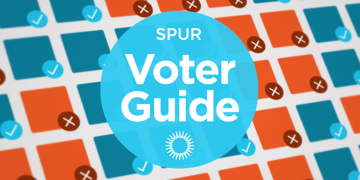 grid of red and blue squares with text: SPUR Voter Guide