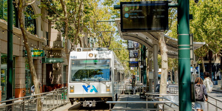 VTA light rail train pulling into a station in downtown San José
