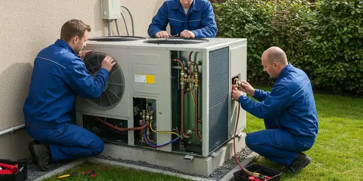 photo of installers setting up a heat pump heater