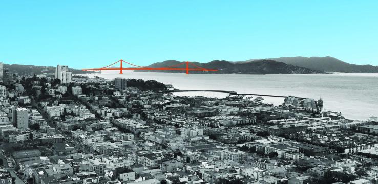 San Francisco’s street grid points to the surrounding hills and water.