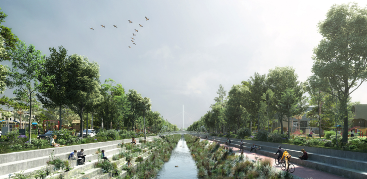 computer rendering of a concrete creek channel that has been converted to public space, with a bike path, trees and people sitting on concrete steps in the creek bed, 