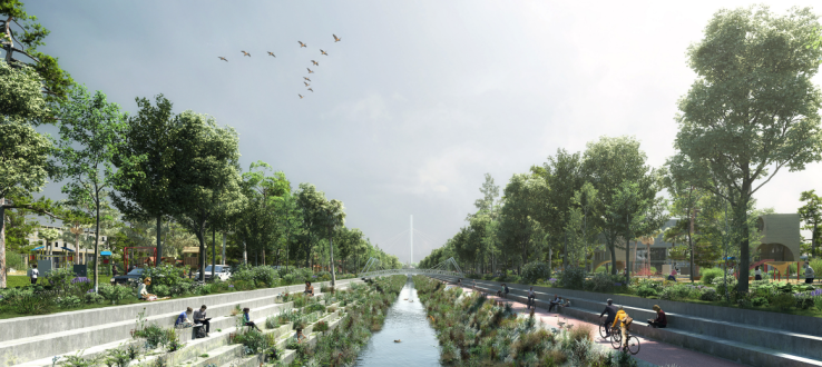 computer rendering of a concrete creek channel that has been converted to public space, with a bike path, trees and people sitting on concrete steps in the creek bed, 