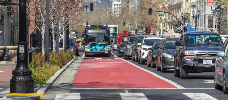 a bus traveling unimpeded in a transit-only lane