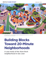 report cover with an illustration of a neighborhood with a playground, murals, cafe tables, pedestrians and cyclists