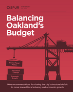 Report cover illustration of a crane at the Port of Oakland lifting shipping containers that are labeled "sound fiscal policy," "structural change" and economic growth"