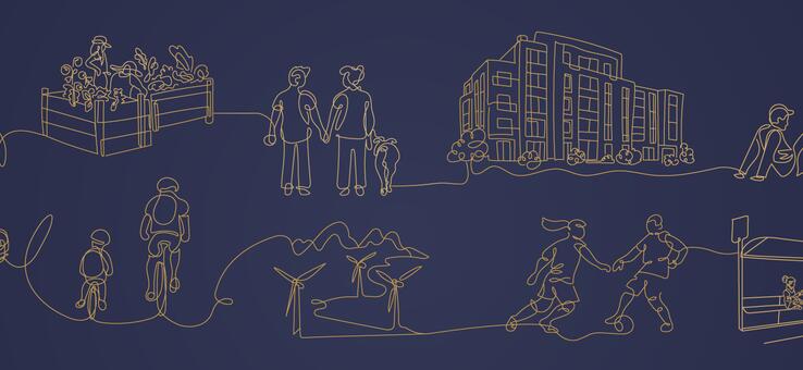 line drawing of urban scenes such as train stations, people biking, people walking 