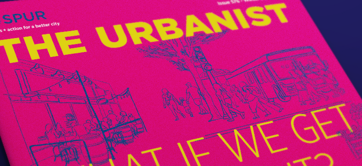 Cover of The Urbanist magazine, blue line drawings of city scenes on a fuschia background