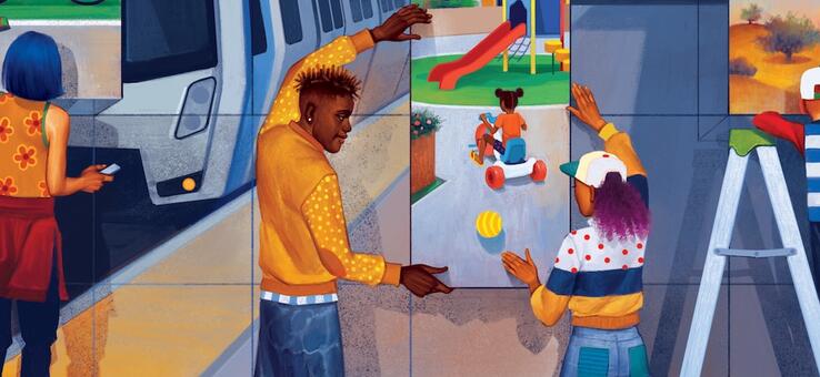 abstract Illustration of people hanging posters that depict themes of biking, transit, parks, green space