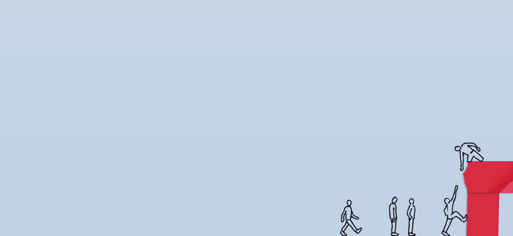 illustration of people helping each other climb a staircase made of red tape
