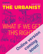 Drawing of healthy urban scenes as The Urbanist magazine cover
