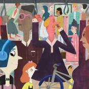 Illustration of people on public transit, by Nina Charuza