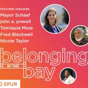 Social media graphic, Belonging In The Bay text and images of 3 speakers