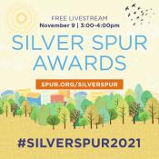Social media graphic with Silver SPUR Awards text and sky, birds and trees 