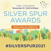 Social media graphic with Silver SPUR Awards text and sky, birds and trees