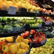 Organic fruit and vegetables in grocery store